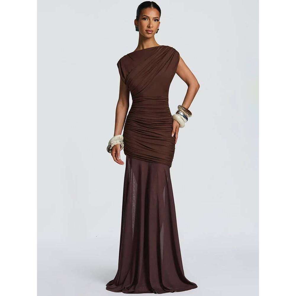 Mozision Sleeveless Ruched Sexy Maxi Dress Women Gown Elegant Patchwork Mesh O Neck High Waist Skinny Club Party Long Dresses
