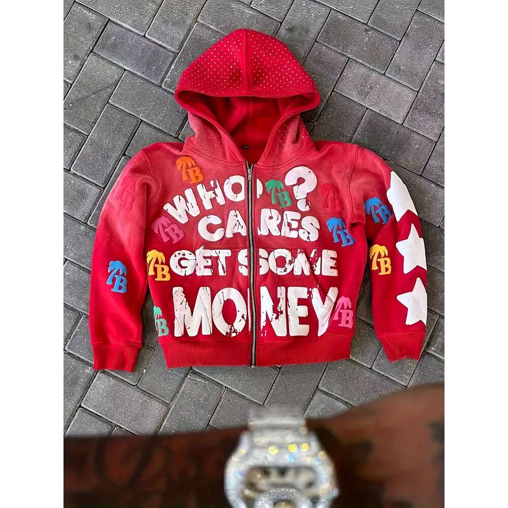 Unisex Y2k Streetwear Zip Hoodie With "Who Cares Get Some Money" Print Colorful Dollar Sign Logo Full-Zip Closure, V-Neck, Long Sleeve, A-Li