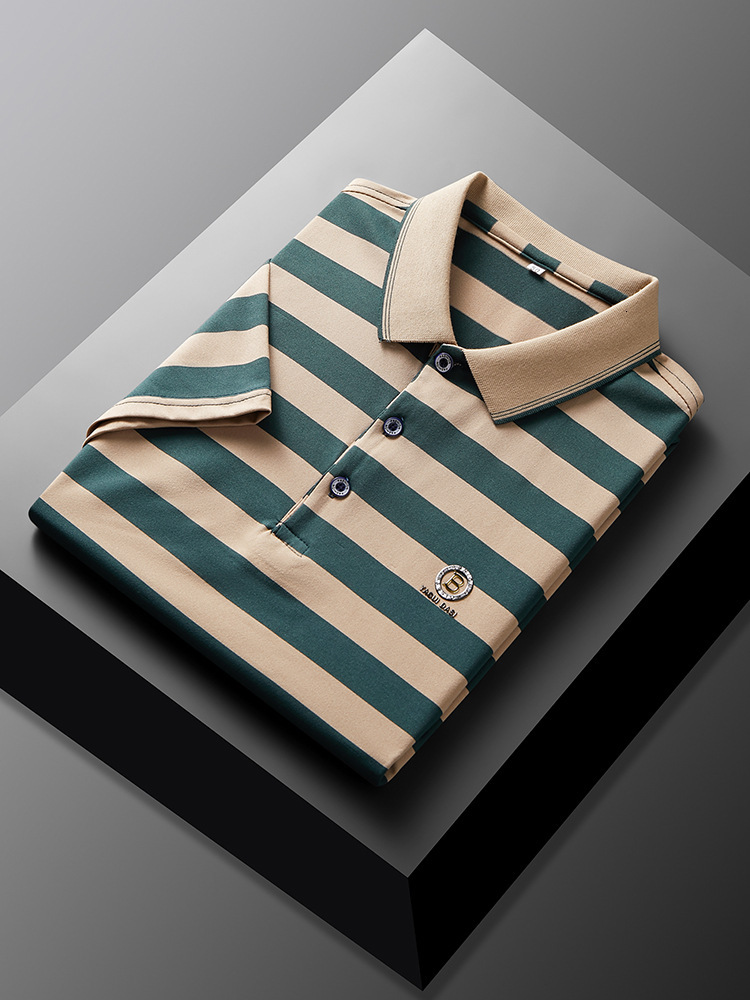 Luxury Brand Designer Clothes Summer New Short Sleeve Turn-Down Collar T-Shirt Thin Mens Ribbed Collar Half Sleeve Dads T-Shirt Loose Striped Polo