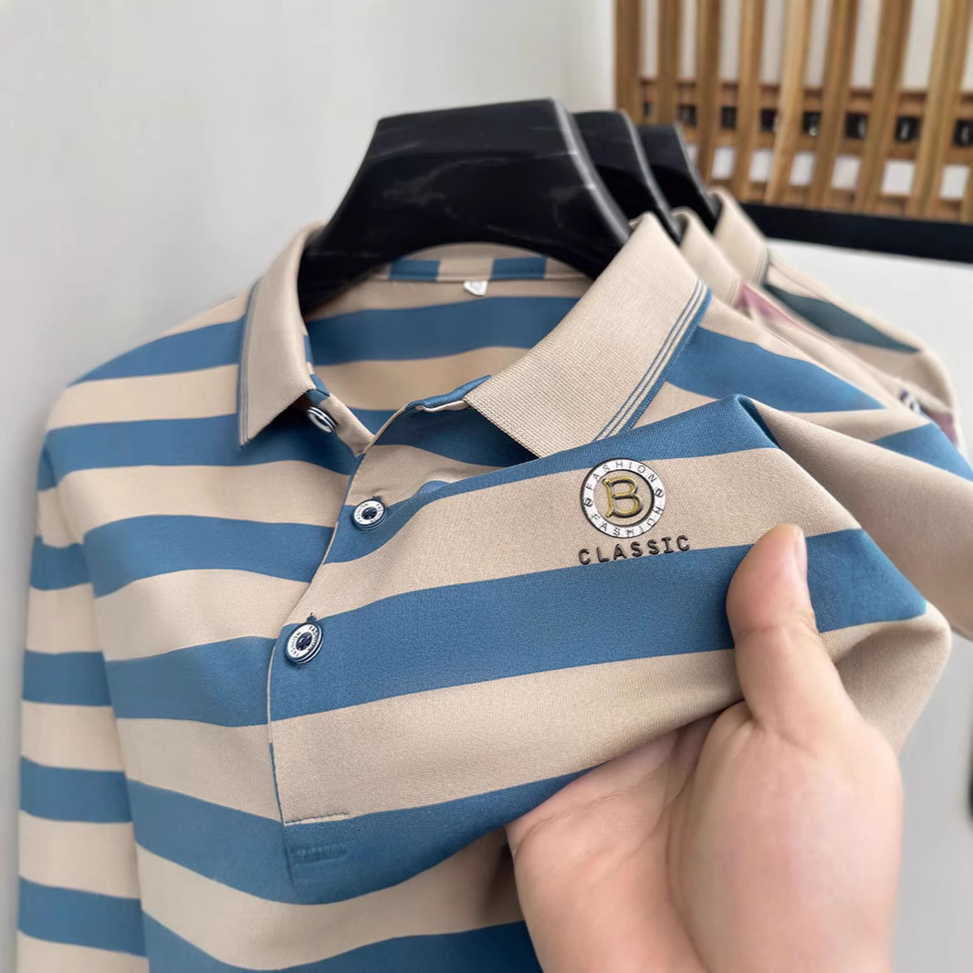 Designer Clothes Off-Site Summer New Men's Short Sleeve T-Shirt Turn-Down Collar Striped Luxury Brand Loose Half Sleeve Middle-Aged POLO Shirt Ho