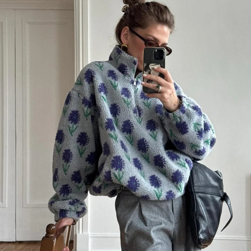 TARUXY Fleece Printing Sweatshirt Womens Half-Zip Sweatshirt Fleece Loose Turtleneck pullover Female Winter Leisure Sweatshirt 260106
