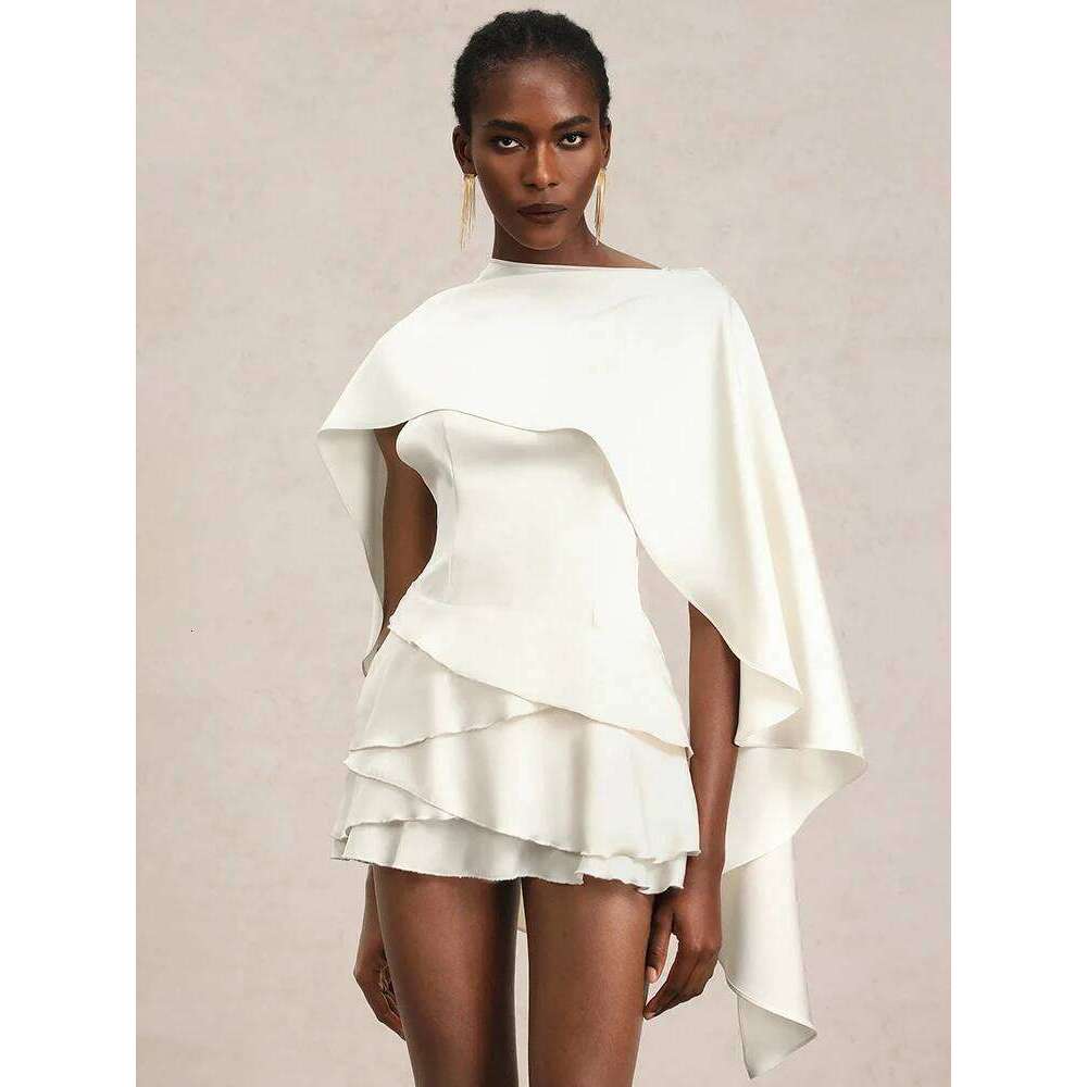 2026 Shawl Sleeve Ruffle Sexy Mini Women Robe Fashion Solid Lace-up Backless Club Party Dress Female Elegant Dresses