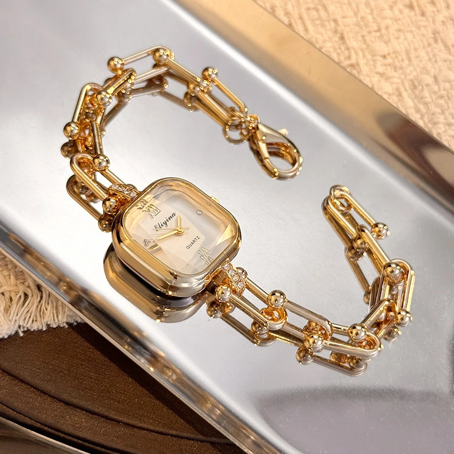 Minimalist Bracelet Watch Creative Square Multi-Faceted Glass Quartz Movement Chain Mid-century Small High-End Acces 260106