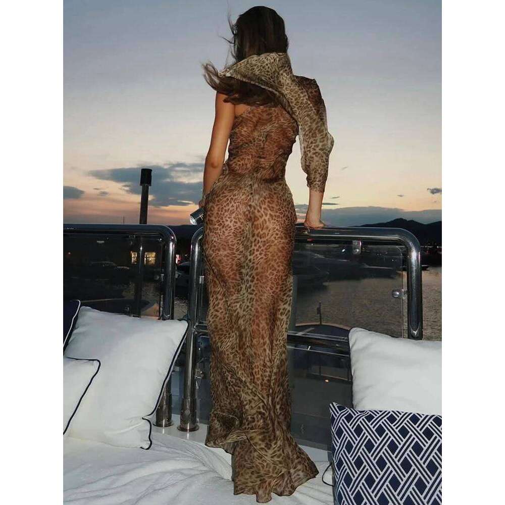 2026 One Leopard Print Maxi Women Inclined Shoulder Backless Beach Holiday Vacation Club Sexy Long Dress