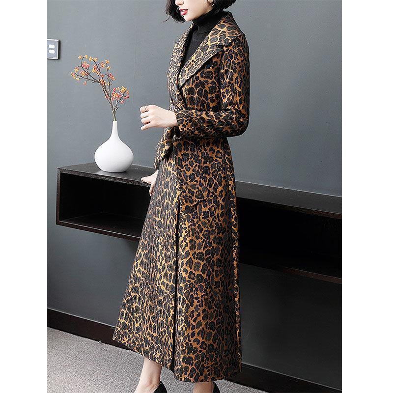 Elegant side snap collar full sleeve jacket with retro leopard print back split womens long coat womens coat 241019