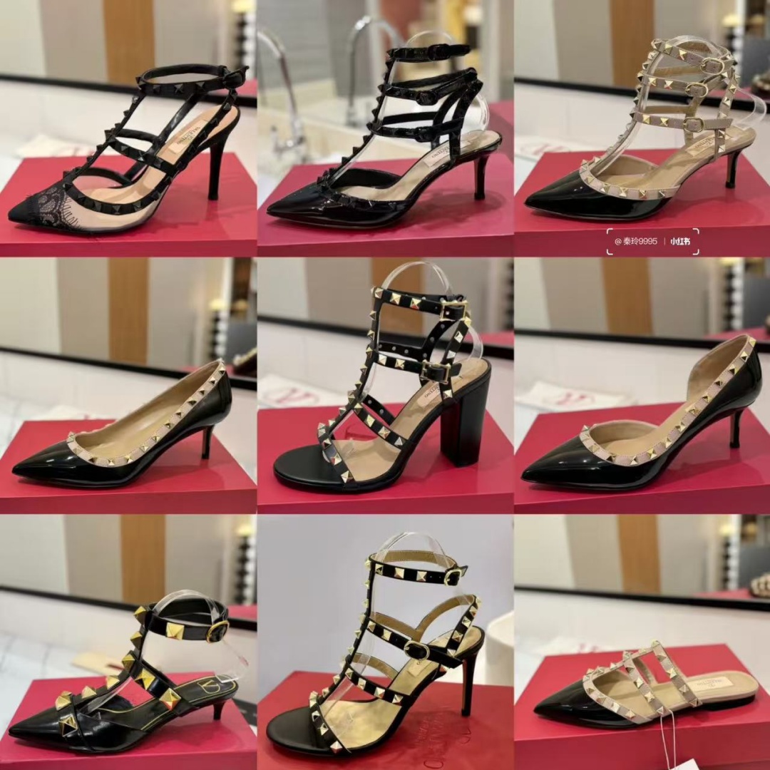 2026 Designer Heels Women Sandals High Heels Pointed Toes Shoes Luxury V Rivets Leather Sandals 6cm 8cm 10cm Black Nude Matte Stiletto Heels Slippers 35-44