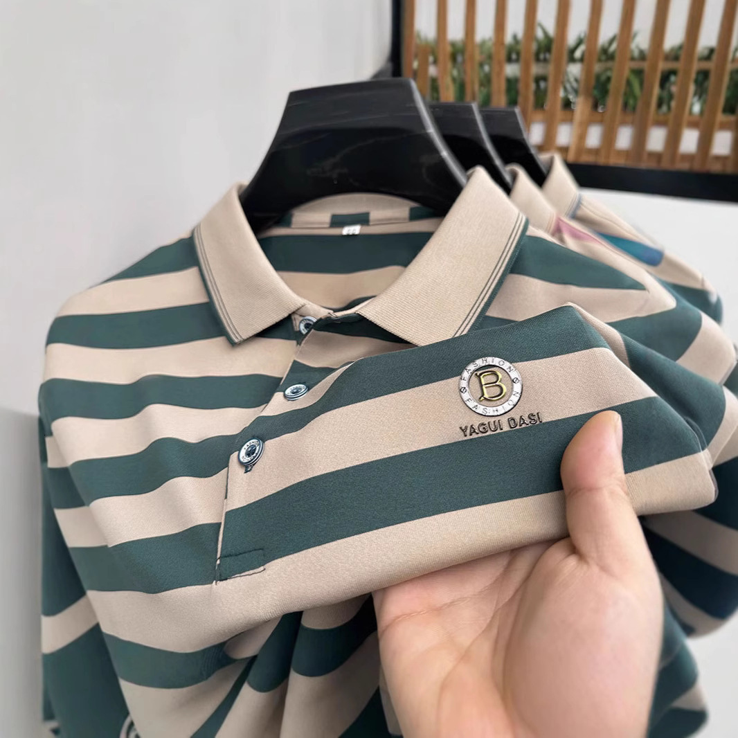 Designer Clothes Off-Site Summer New Men's Short Sleeve T-Shirt Turn-Down Collar Striped Luxury Brand Loose Half Sleeve Middle-Aged POLO Shirt Ho