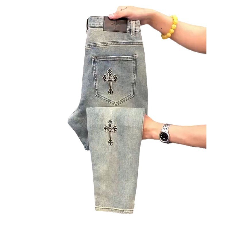 Designer Clothes Summer New Loose Straight Jeans For Men, Stylish Luxury Brand And Unique Cross Embroidery Casual Pants, Versatile Long Pants