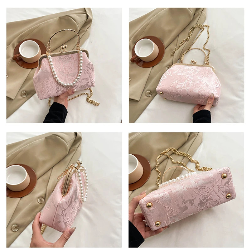 Vintage Classic Lace Bag pearl Evening Bags Wedding Shell Lock Women Shoulder Crossbody Chain Womens Handbags Purses 260104
