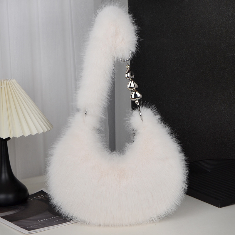 Autumn Winter Bag for Women Furry Heart Chain Korean Style Versatile Zipper Large Capacity Crossbody Shoulder Handbag Sweet Beaded