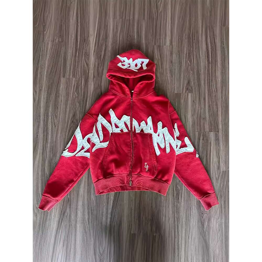 Y2k Graffiti Red Zip-Up Hoodie, Unisex Oversized Streetwear Jacket With Bold White Letter Print, Urban Fashion Pullover For Teens And Trendsetters, All-Season