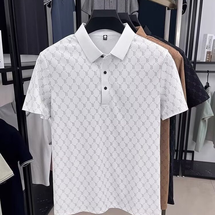 Luxury Brand Designer Clothes Summer Men's Turn-Down Collar T-Shirt Business Casual High Elasticity Seamless Ice Silk Thin Polo Shirt Short Sleev