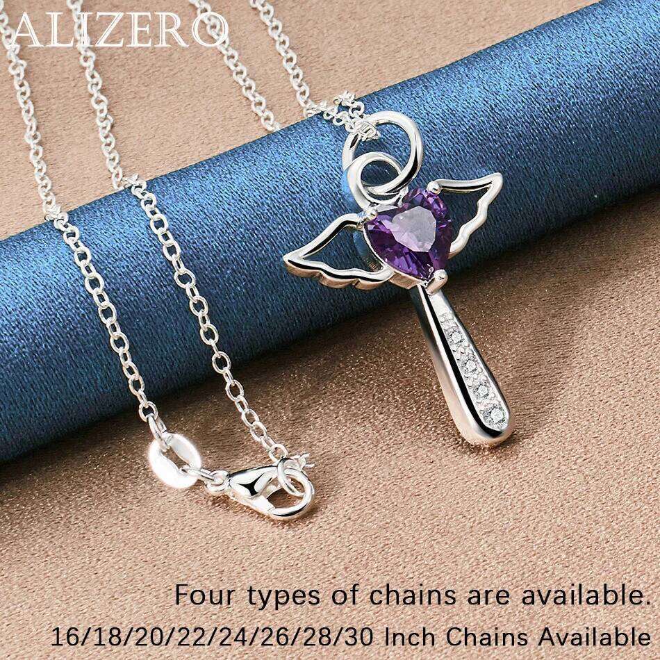 ALIZERO 925 Sterling Silver Heart Purple Zircon Cross Pendant Necklace 16-30 In Chain For Women Jewelry Party and Daily Wear