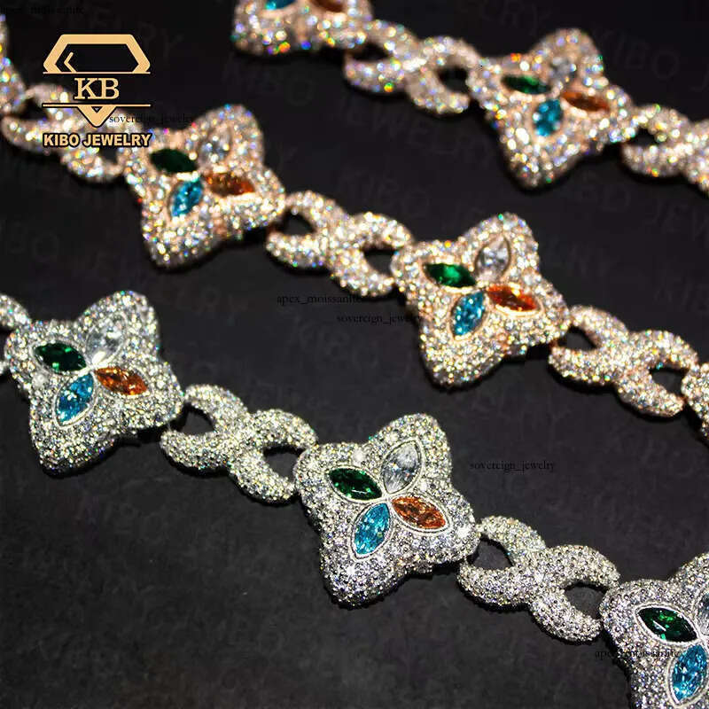 Fashion Hip Hop Jewelry 22mm Rose Gold 925 Sterling Silver Colored Moissanite Diamond Four Leaf Clover Infinity Link Chain e6