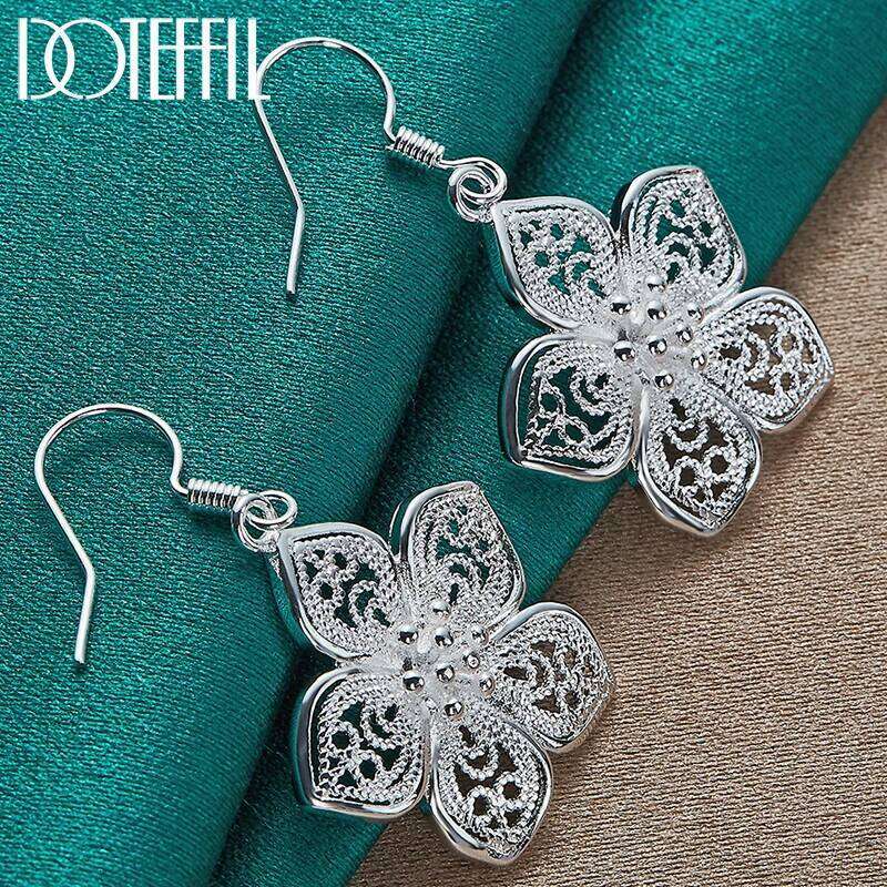 DOTEFFIL 925 Sterling Silver Flower Star Drop Earrings Wedding Engagement Jewelry