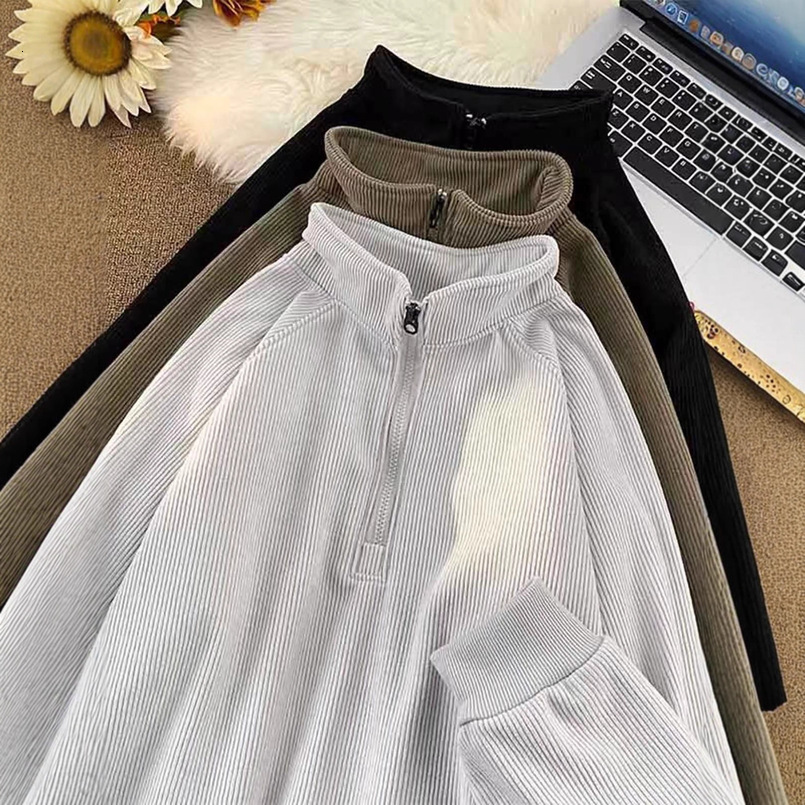 Fleece-Lined Stand Collar Half-Zip Sweatshirt Men's Autumn Winter Japanese Style Simple Loose Casual New Solid Color Jacket Men