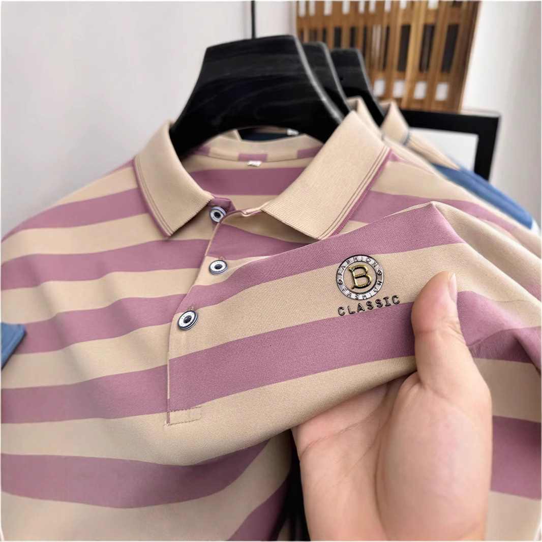 2026 New Design Summer Short-sleeved Collarless T-shirt - Tight Men's Ribbed Collar Half-sleeve Dad's Style T-shirt - Elastic Striped Polo S