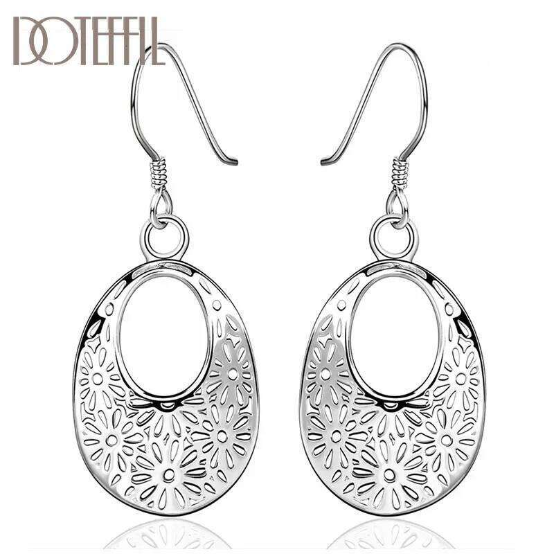 DOTEFFIL 925 Sterling Silver Patterned Oval Drop Earrings Charm Women Jewelry Fashion Wedding Engagement Party Gift