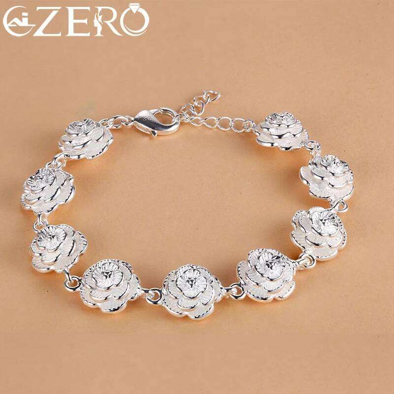 Charm 925 Sterling Silver Rose Flower Chain Bracelet For Women Fashion Pretty Party wedding accessories gift fine luxury Jewelry