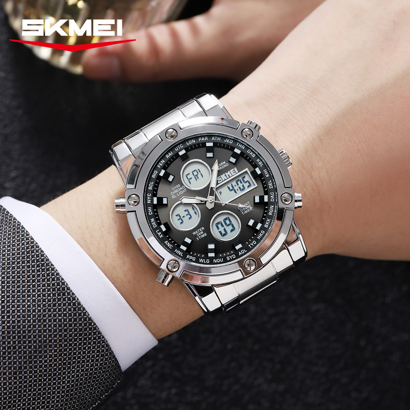 Moment Beauty Men Double Display Watch Waterproof Luminous Multifunctional Electronic Watch Steel Belt Large Dial Electronic Watch