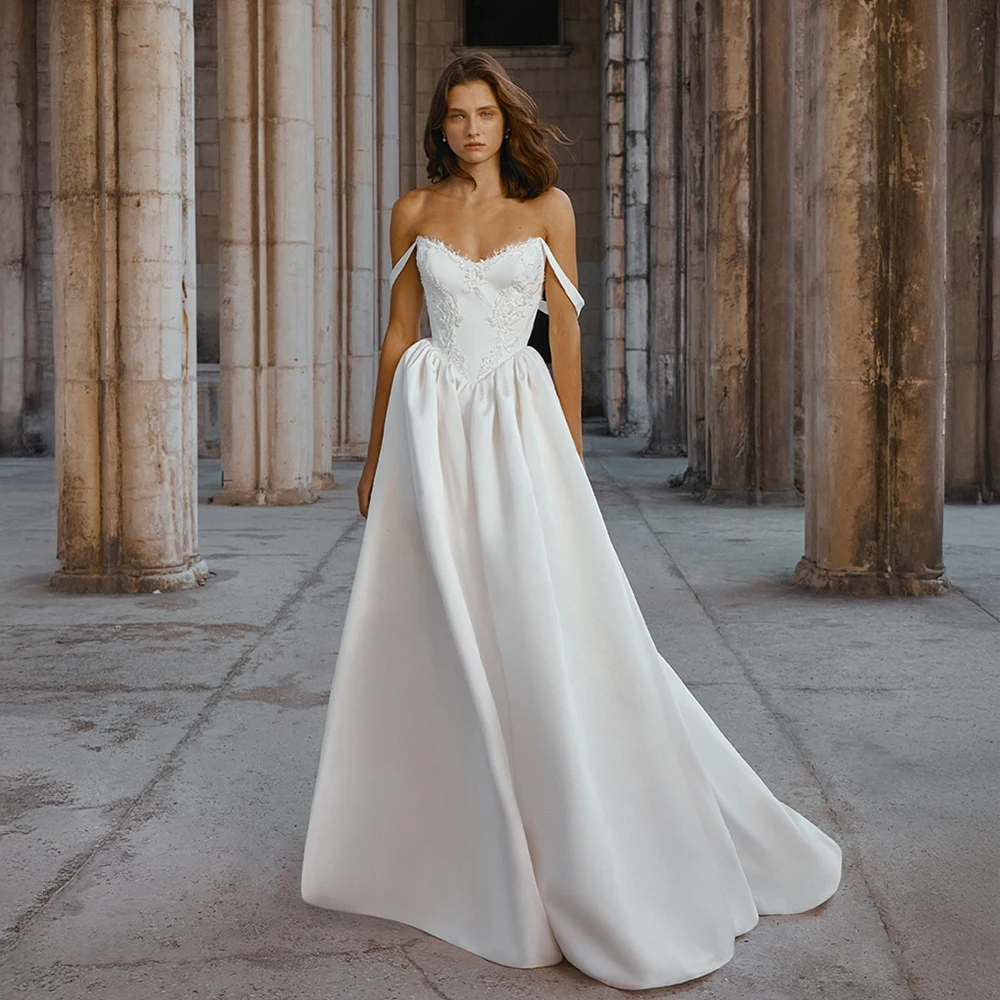 Vintage A-line Wedding Dress 2026 Off Shoulder Lace Embroidery Beads Satin Bridal Bride Party Gowns Vestidos De Novia