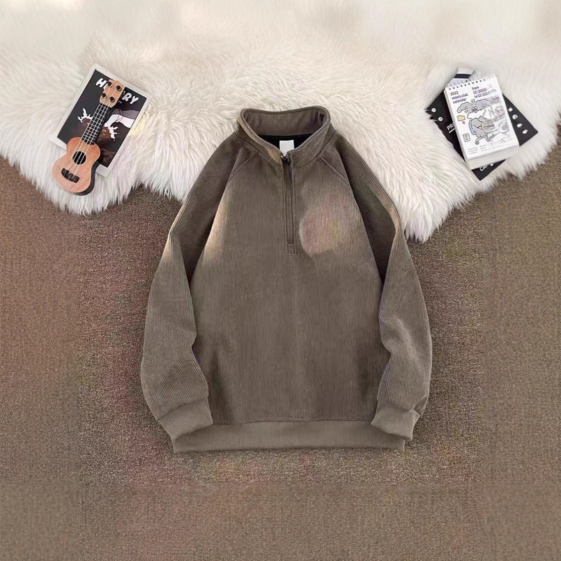 Fleece-Lined Stand Collar Half-Zip Sweatshirt Men's Autumn Winter Japanese Style Simple Loose Casual New Solid Color Jacket Men