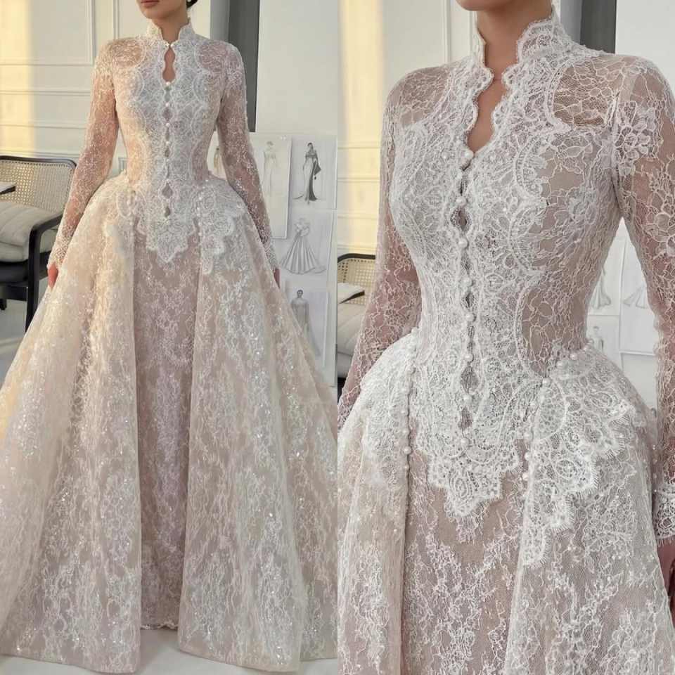 Sheath Mermaid Wedding Dress High Neck Long Sleeve Sequins Lace Bride Dresses Fashion Detachable Sweep Train Bridal Gowns Customized