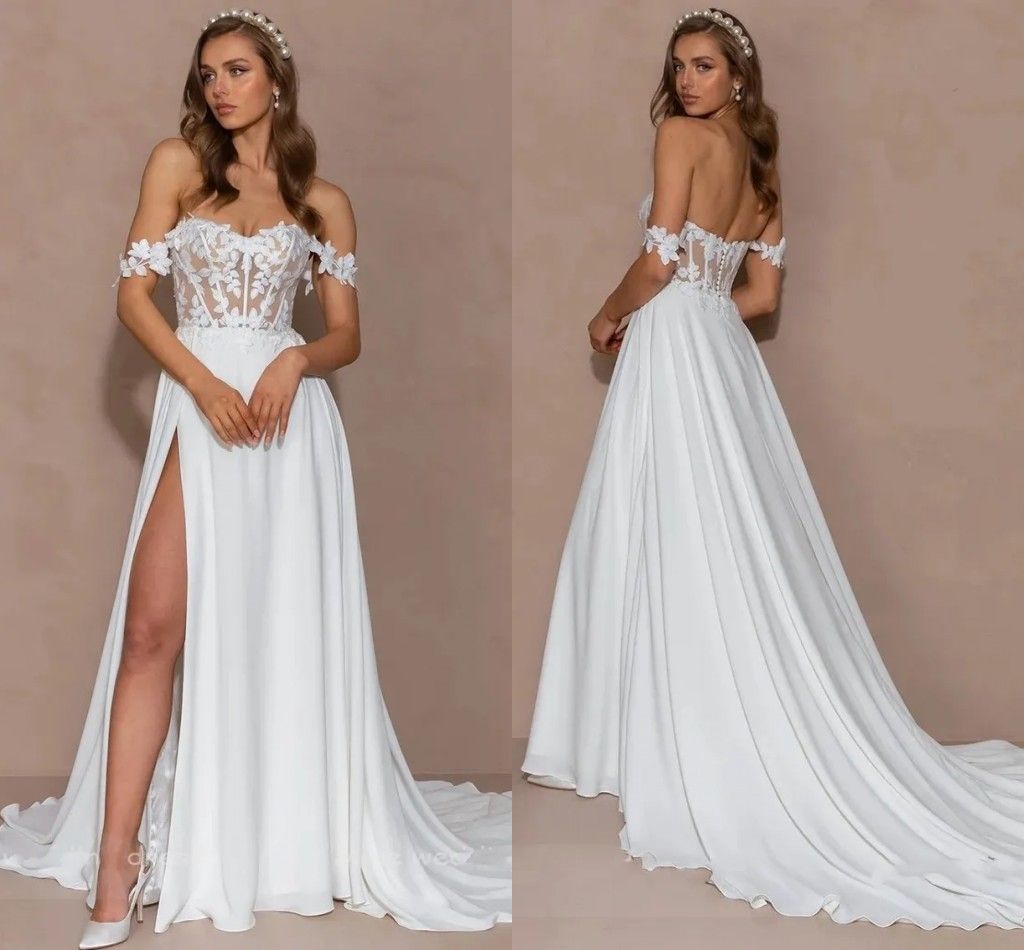 Sexy Off The Shoulder Chiffon A Line Wedding Dresses Modern White Corset Waist Sweep Train Boho Garden Beach Bridal Gowns Thigh Split Bride Robes de Mariee