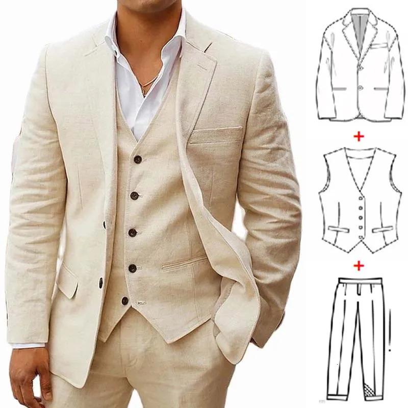 3 Piece Linen Summer Men Suits for Wedding Groom Tuxedos Casual Beach Custom Man Suit Set Jacket Vest with Pants Fahion 260106