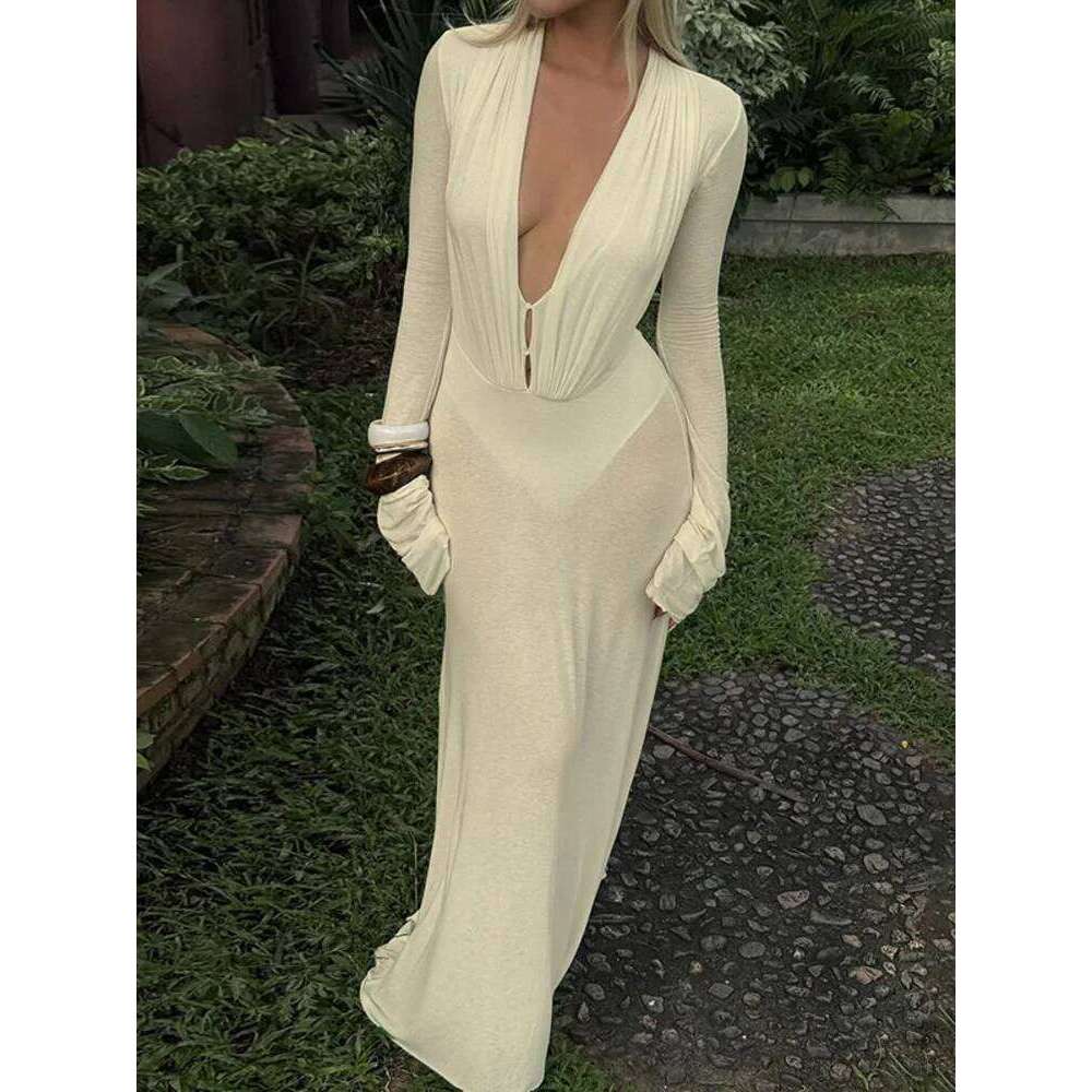 Mozision Deep Vneck Elegant Maxi For Women Autumn Bodycon Long Sleeve High Waist Slim Sexy Patchwork Club Party Dress
