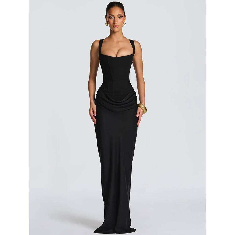 Mozision Elegant Backless Sexy Maxi Dress Women Gown Fashion Square Collar Sleeveless Skinny Ruched Club Party Long Dresses