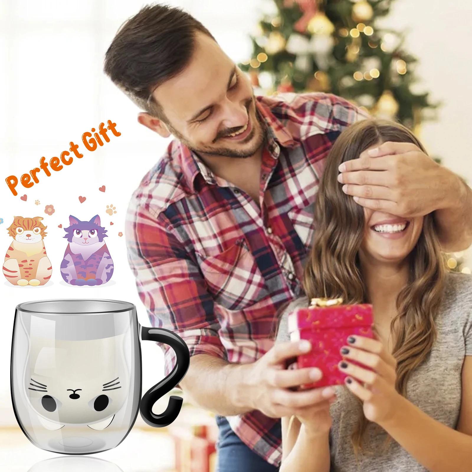 Transparent Double Walls Glass Mug Cute Coffee Cat Mug with Handle Animal Milk Glass Cute Birthday Christmas Gift 260106