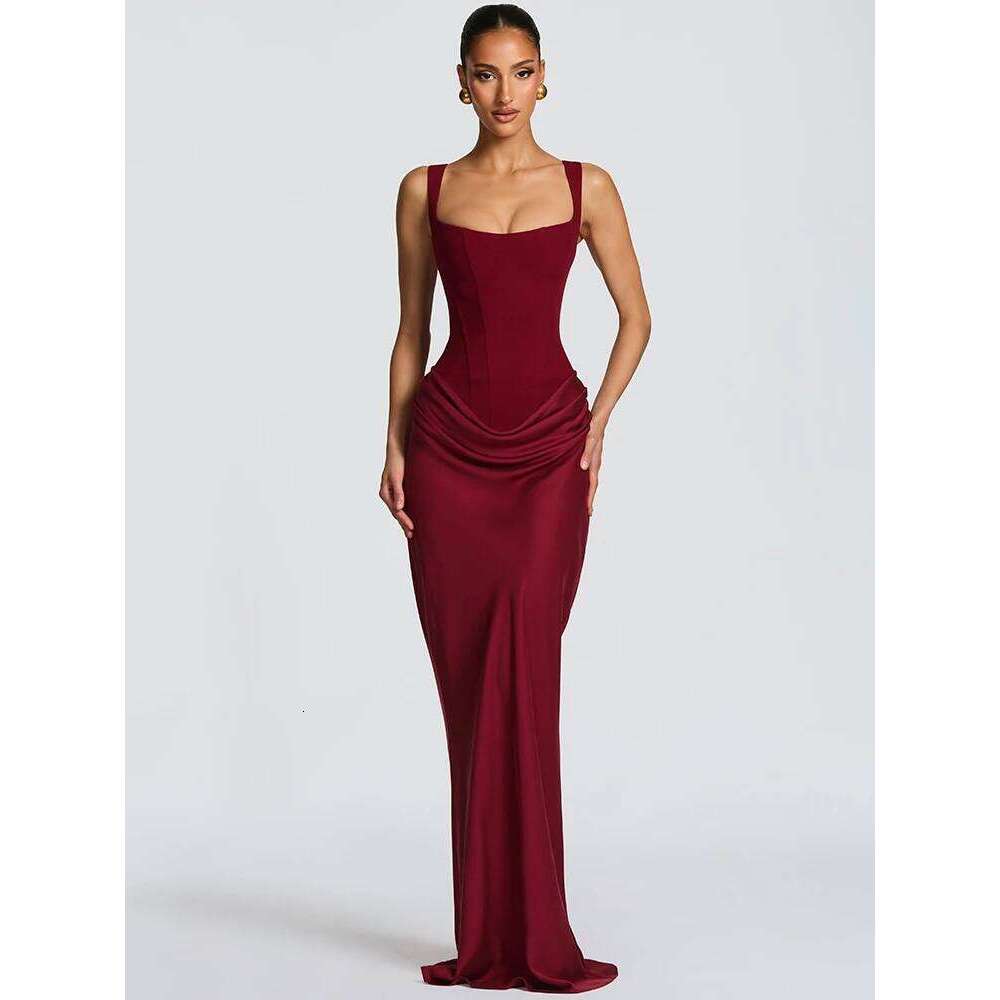 Mozision Elegant Backless Sexy Maxi Dress Women Gown Fashion Square Collar Sleeveless Skinny Ruched Club Party Long Dresses