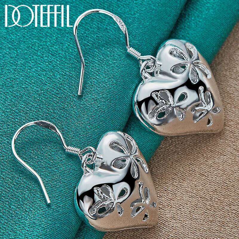 DOTEFFIL 925 Sterling Silver Heart Flower Drop Earrings For Woman Wedding Engagement Fashion Jewelry