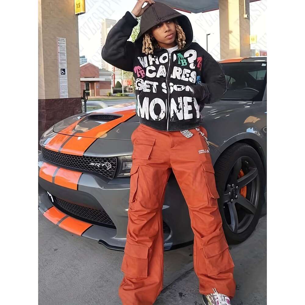 Unisex Y2k Streetwear Zip Hoodie With "Who Cares Get Some Money" Print Colorful Dollar Sign Logo Full-Zip Closure, V-Neck, Long Sleeve, A-Li