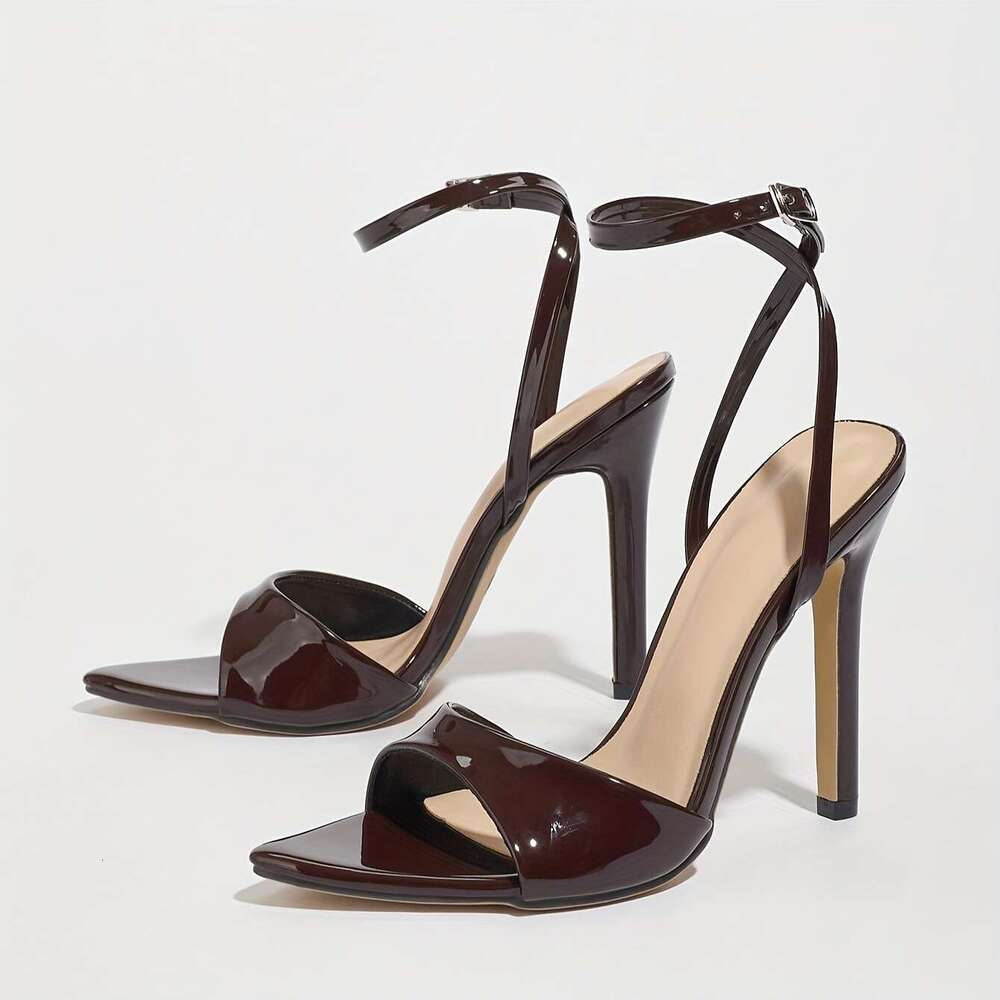 Elegant Women's Pointed-Toe Stiletto Sandals with Adjustable Ankle Strap - Coffee Brown Glossy Synthetic Cover, Ultra-High Heels for Parties, Nig
