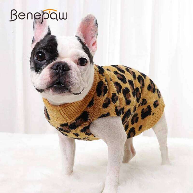 Benepaw Comfortable Dog Sweater Leopard Pattern Puppy Turtleneck Knitwear Clothes Warm Pet Pullover for Fall Winter 26H0107