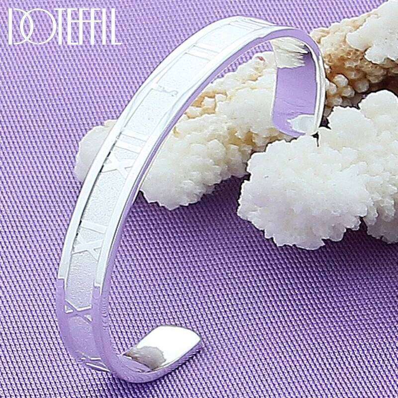 DOTEFFIL 7mm Roman Numerals Bangle Bracelet 925 Sterling Silver Woman Wedding Engagement Fashion Charm Party Jewelry