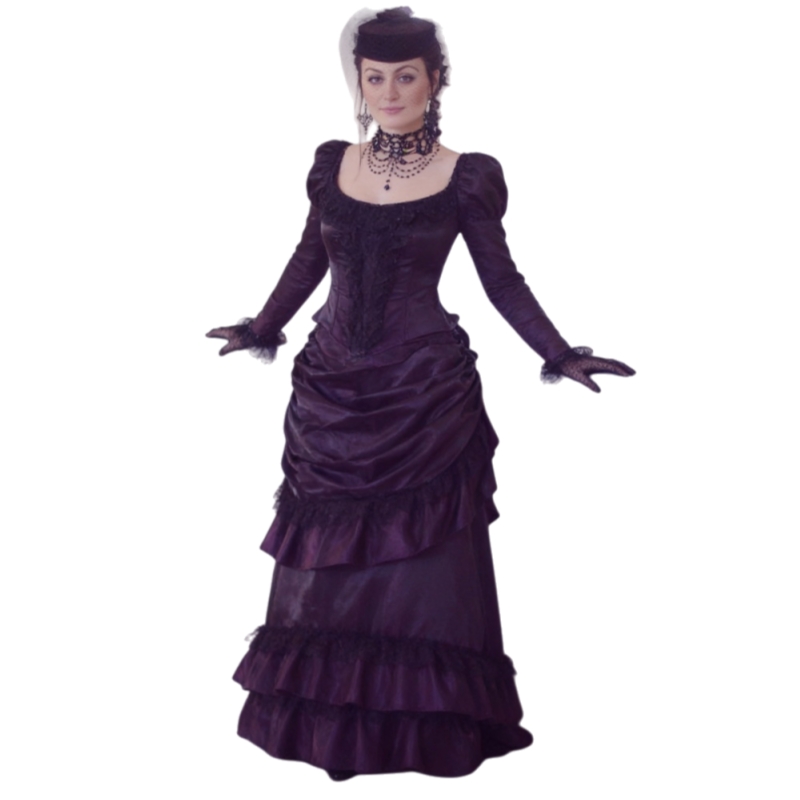 Vintage Victorian Bustle Prom Dresses Ruffles Ruched Long Sleeves Evening Gowns Scoop Neck Dark Purple Special occasion Dress For Women