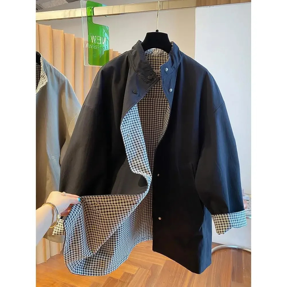 French plus size loose collar plaid coat womens spring and autumn temperament fashion Joker contrast casual windbreaker 260106