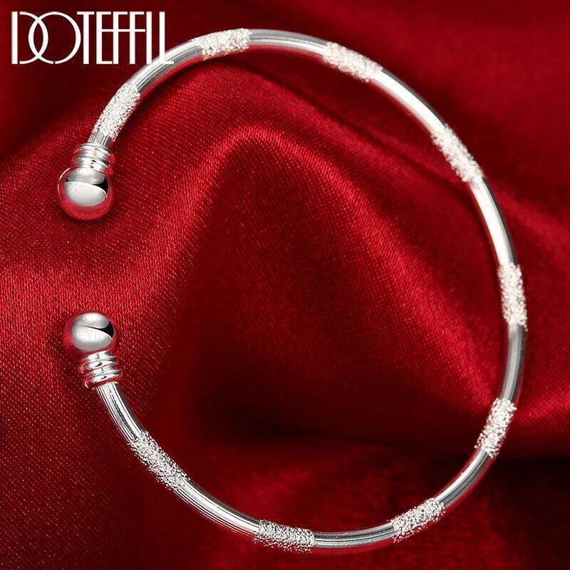 DOTEFFIL 925 Sterling Silver Double Beads Smooth Matte Cuff Bangle Bracelet For Man Woman Wedding Engagement Fashion Jewelry