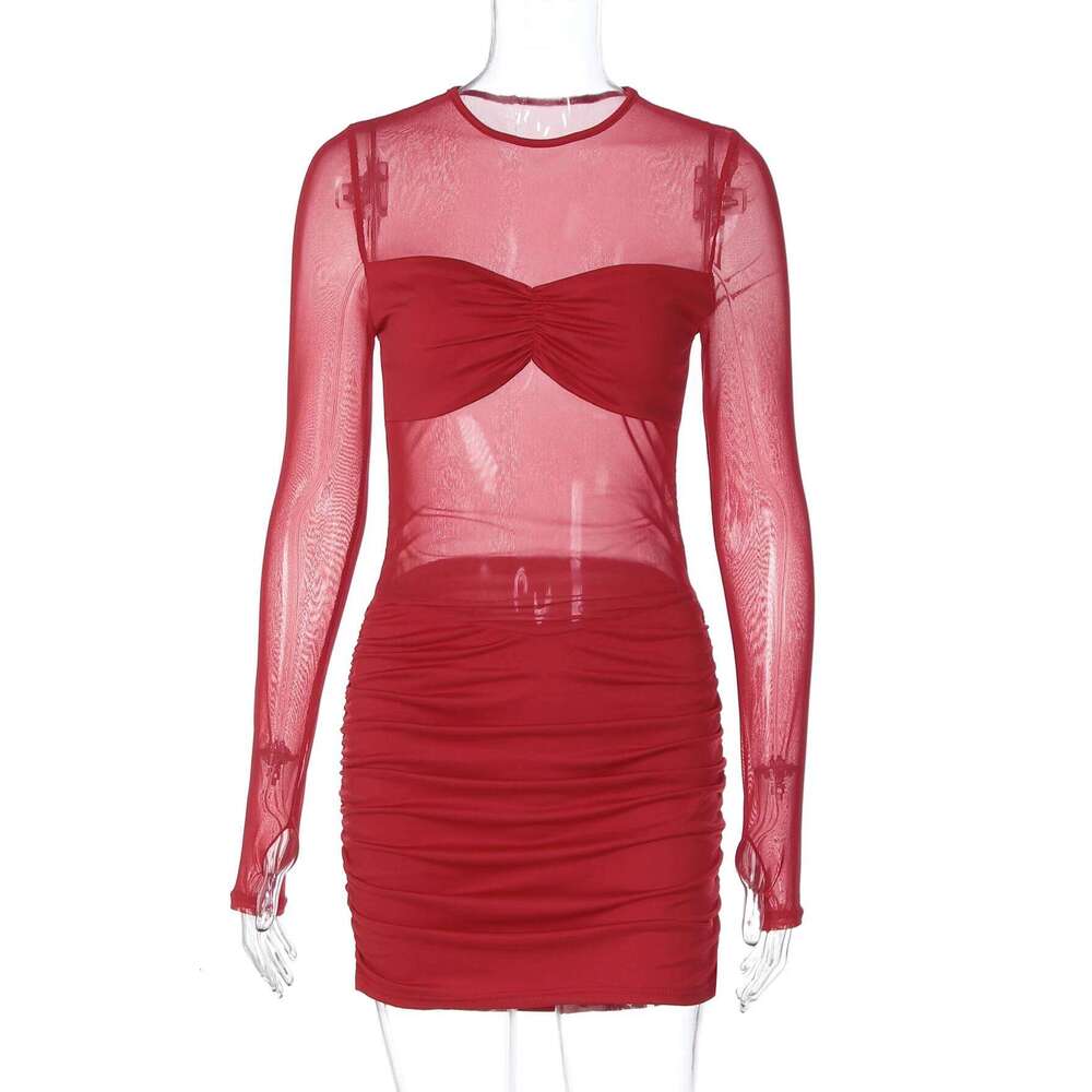 Dulzura Autumn Fashion Sexy O-Neck Long Sleeve Ruched Slim Sheer Mesh Mini Women'S Solid Elegant Dress Party Club Clothes