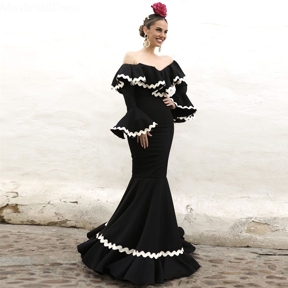 Elegant Black Evening Dresses Ruffles Sleeves Long Spanish Style Prom Dance Dresses Ceremony Party Gowns for Women 0105