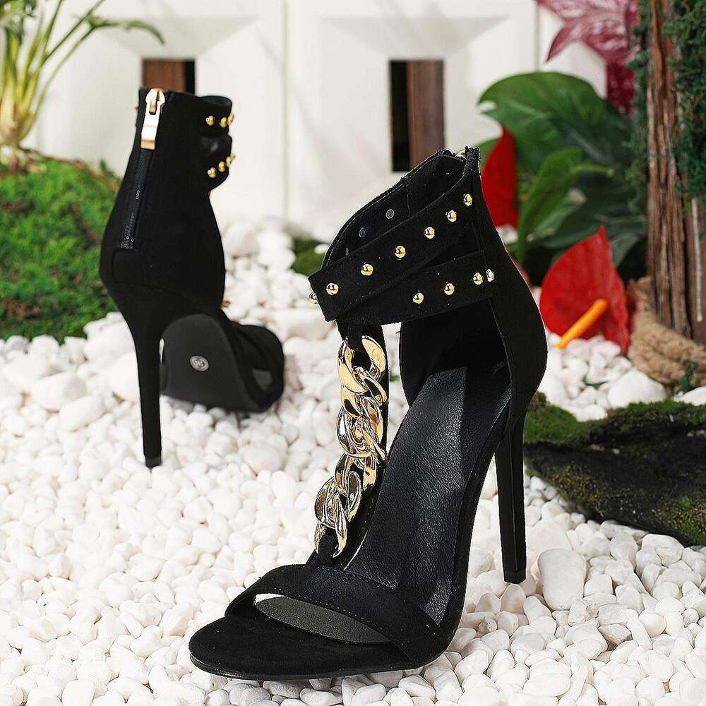 European/American Style Black Open Toe Stiletto Heels with Chain Detail, Solid Color Zipper Closure, Flannel Upper, Man-Made Materials Inner & Sole, Ultrahigh