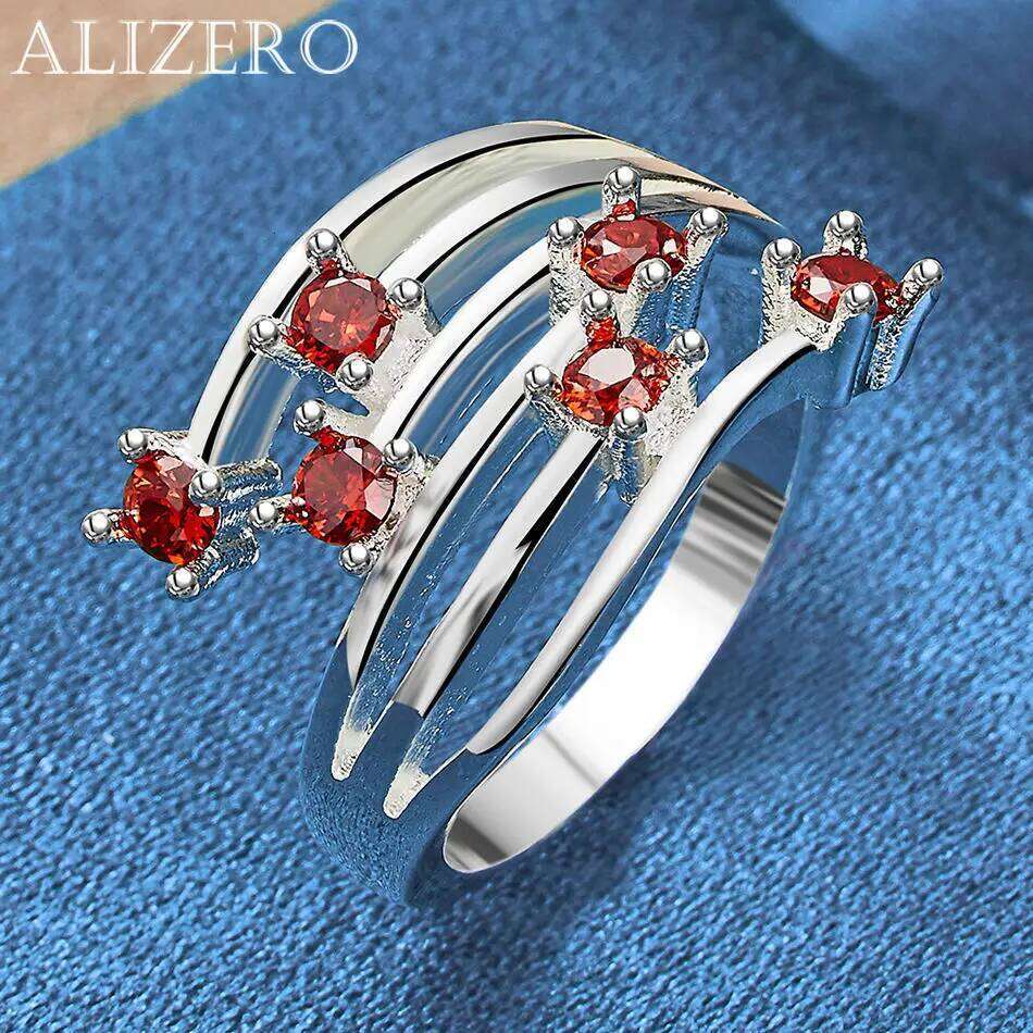 ALIZERO 925 Sterling Silver Six Red Zirconia Ring For Women Wedding Engagement Gifts Fashion Party Charm Jewelry