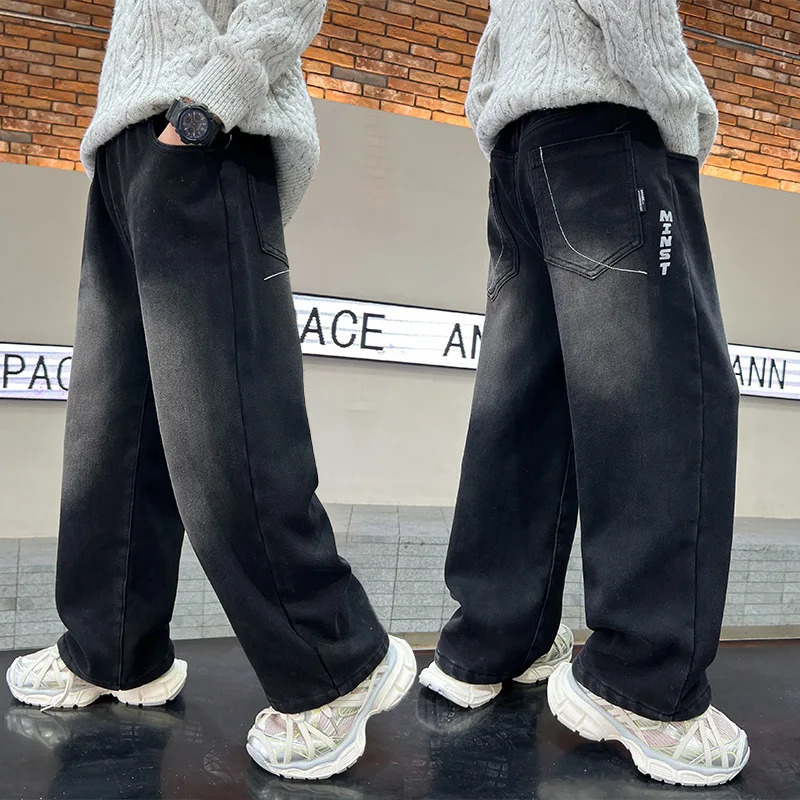 Kids Boy Black Gradient Jeans School Teenager Casual Denim Pants Child Fashion Jeans Trousers 5 7 9 11 13 14 260106