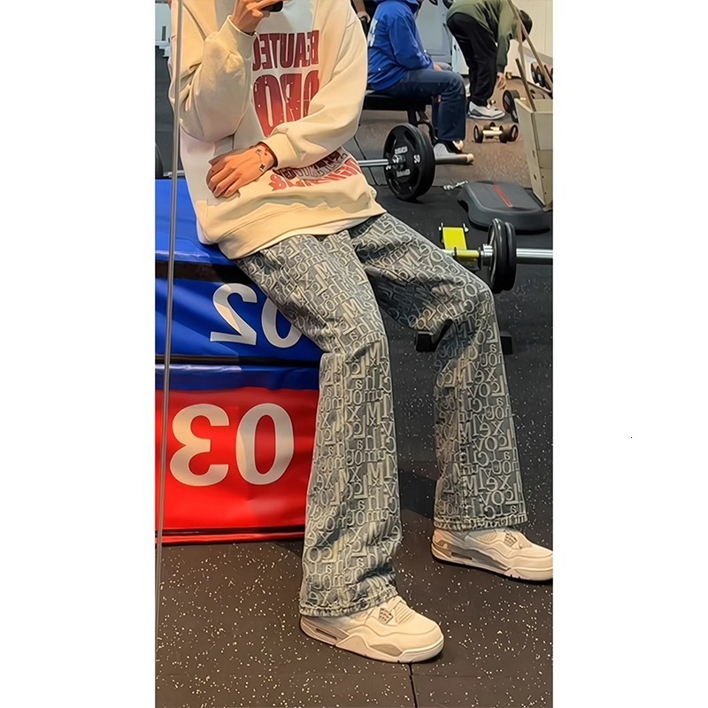 2026 New Design Lettered Jacquard All-print Men's Denim Pants For Spring And Autumn American Style Trendy Slim-fit Style Straight-leg Pants