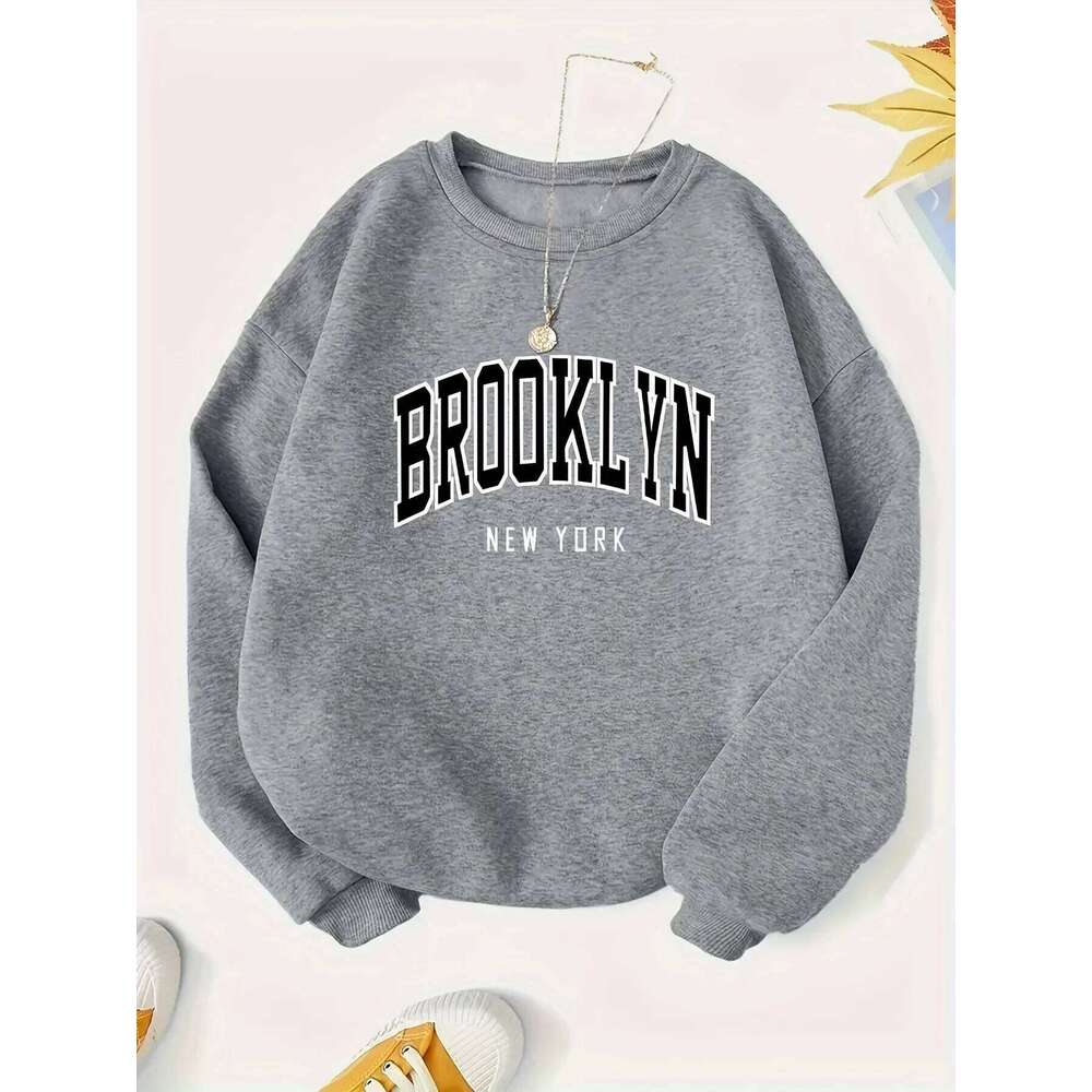 2025 Women's Casual BROOKLYN Print Pullover Sweatshirt Long Sleeve Round Neck Regular Fit for Autumn Winter Women Clothing H260107