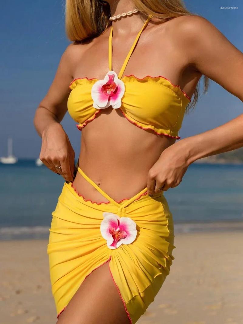Women's Swimwear Neck Bikini With Skirt 3D Flowers Halter Female Swimsuit Women 3 Piece Set Bather Bathing Suit Swim