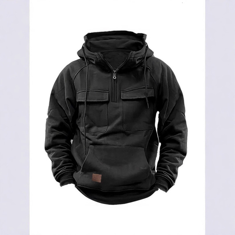 Spring Autumn Winter New Men's Hooded Solid Color European and American Youth Sports Multi-Pocket Sweatshirt